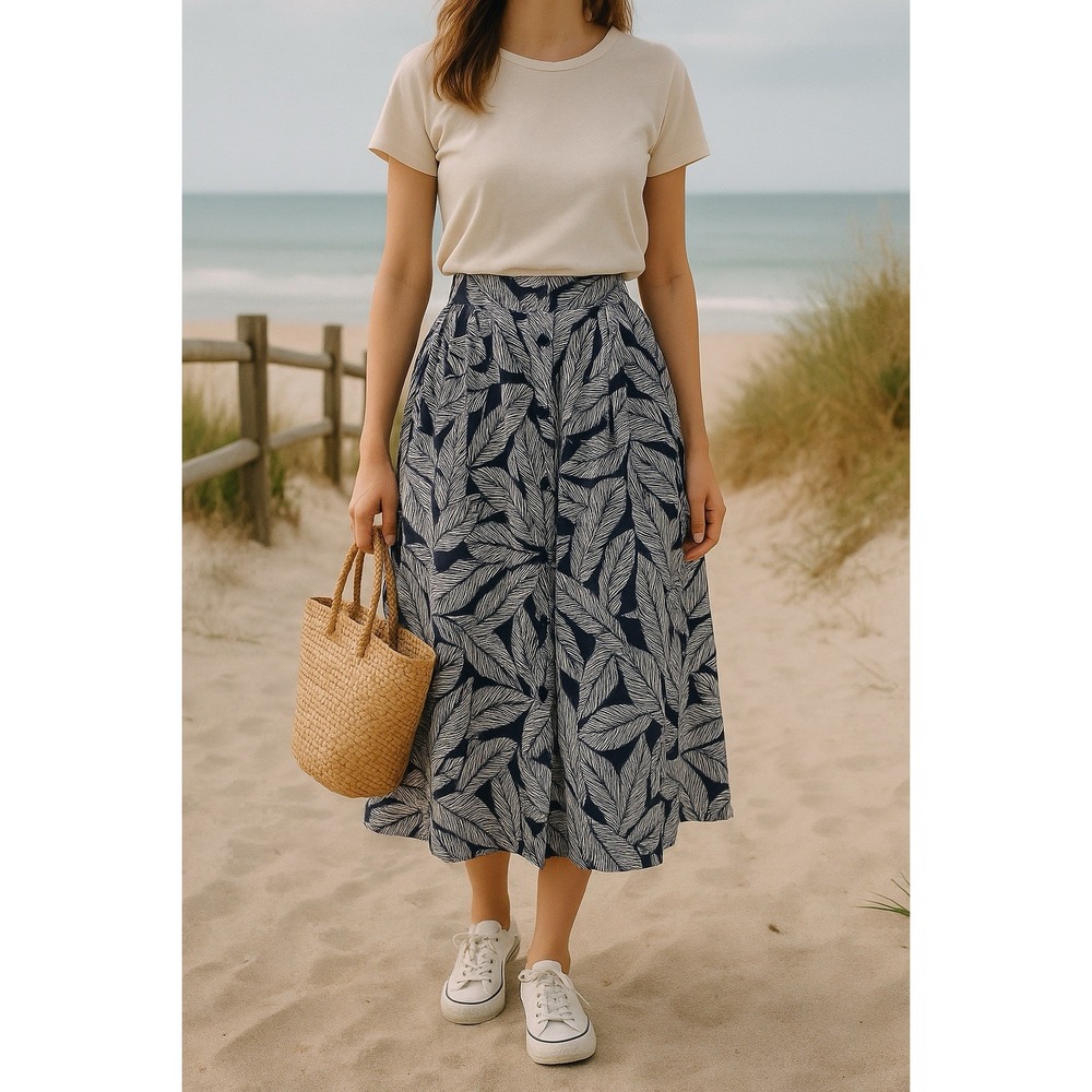 Vtg Country Shop Skirt Womens 14 Navy Leaf Print Maxi Button Front Made USA‎
